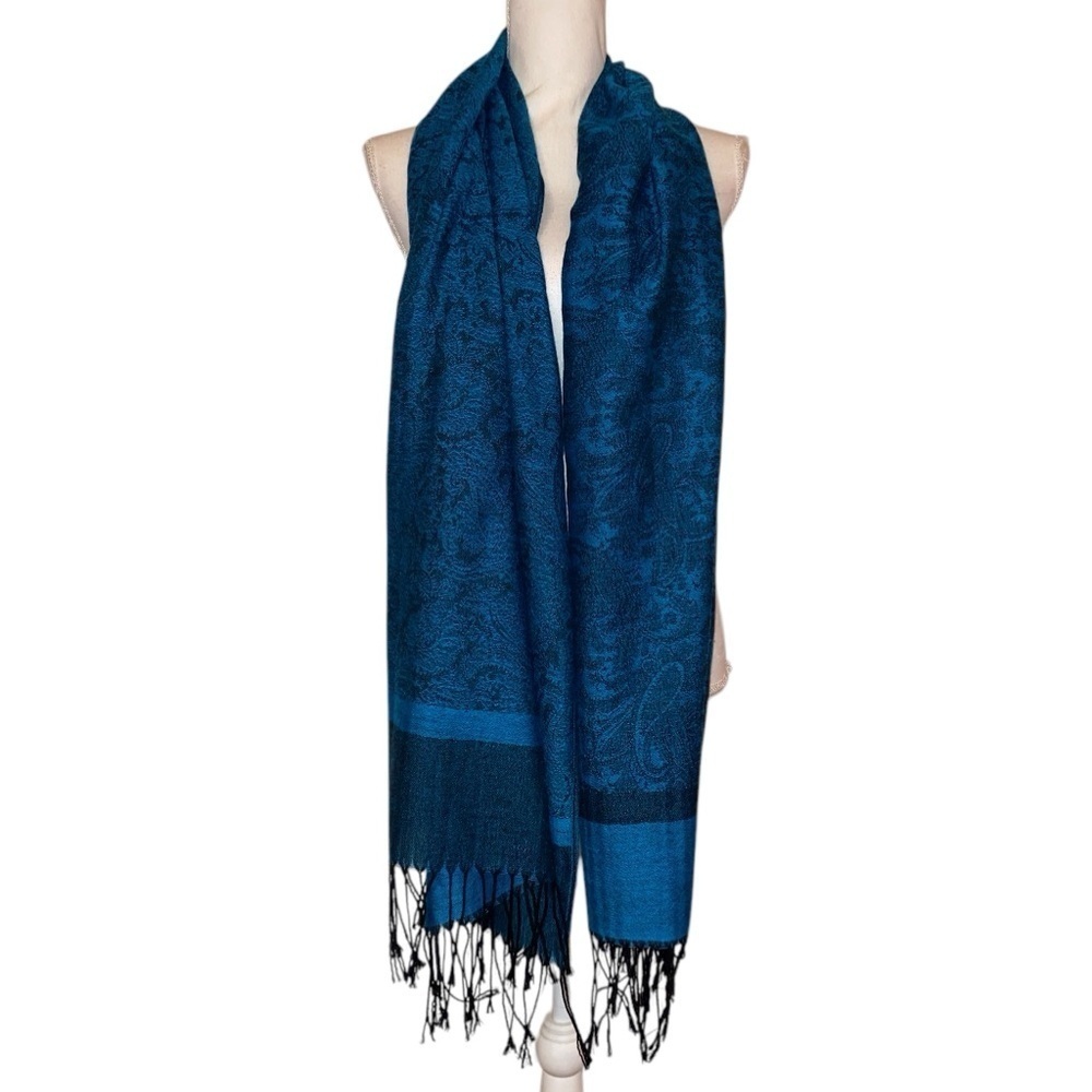 PASHMINA* Style Paisley Jacquard Patterned Scarf Wrap Shawl in TUR & BLK - Picture 2 of 8